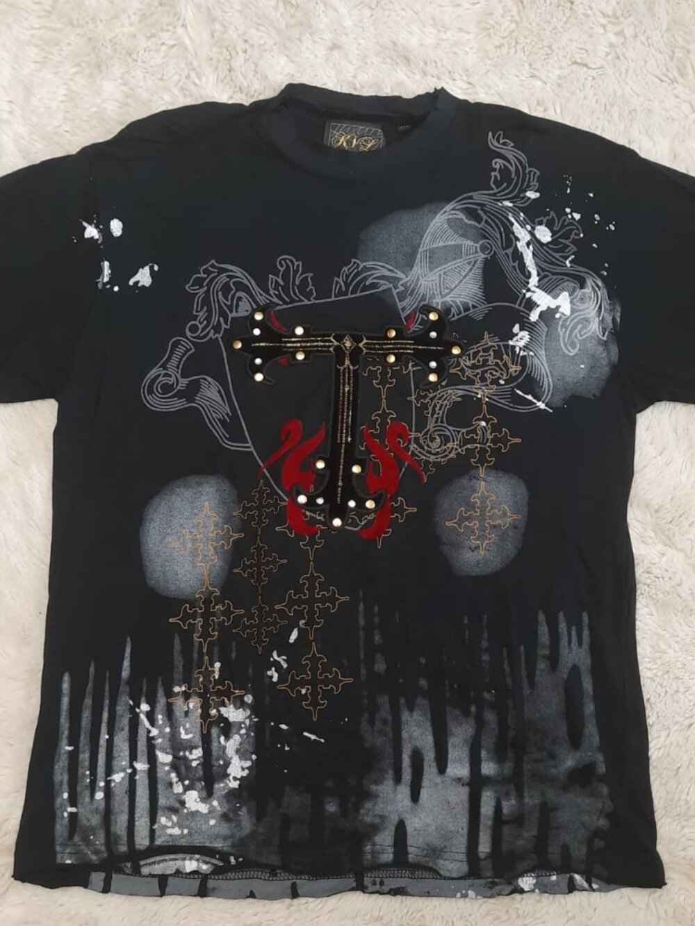 Vintage KVL Luxury Couture Shirt Y2K Graphic Cross Rhinestone Studs Sz M